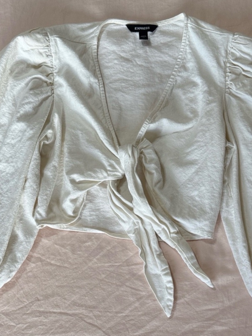 Express Cream Tie-Front Puff Sleeve Blouse